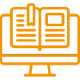 Ícone laranja de um monitor de computador exibindo um livro aberto.