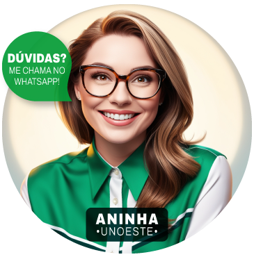 A imagem mostra o avatar perfil da assistente educacional da Unoeste, Aninha. Ela usa uma camisa verde com detalhes brancos, tem cabelos castanhos claros e usa óculos com armação tartaruga. No canto superior esquerdo, há um balão de fala verde com a mensagem 